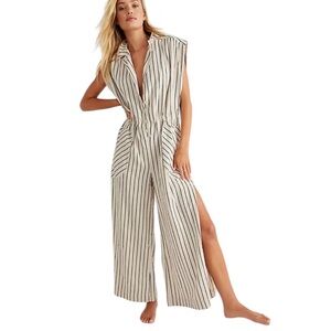 Free People Beach Town One-Piece Linen Blend Wide Leg Jumpsuit Natural Size S